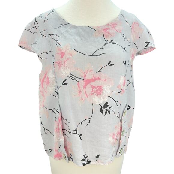 Luca Vanucci 100% Linen Top Women L 42" Bust Gray Floral Round Neck Blouse Italy - Picture 2 of 15
